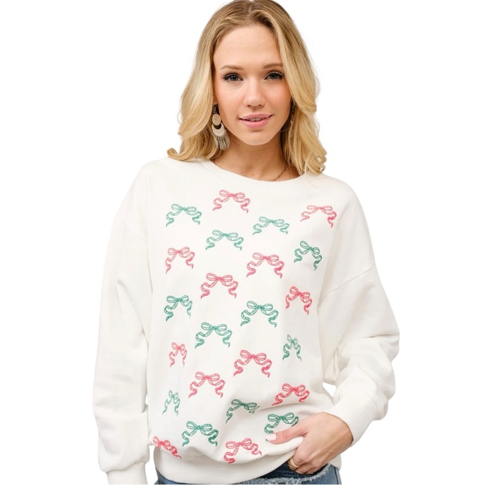 New blue b Cherry Red Green Christmas Bow Embroidered Terry White Sweatshirt